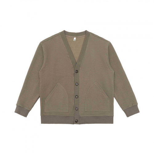 Unisex Oversize Waffelstrick-Cardigan mit V-Ausschnitt, Knopfleiste und aufgesetzten Taschen Drune