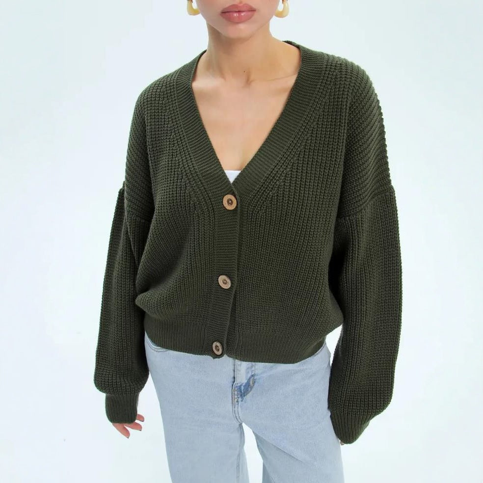 Damen lässiger Strickjacke mit voluminösen Ärmeln und modernen Knopfdetails Drune