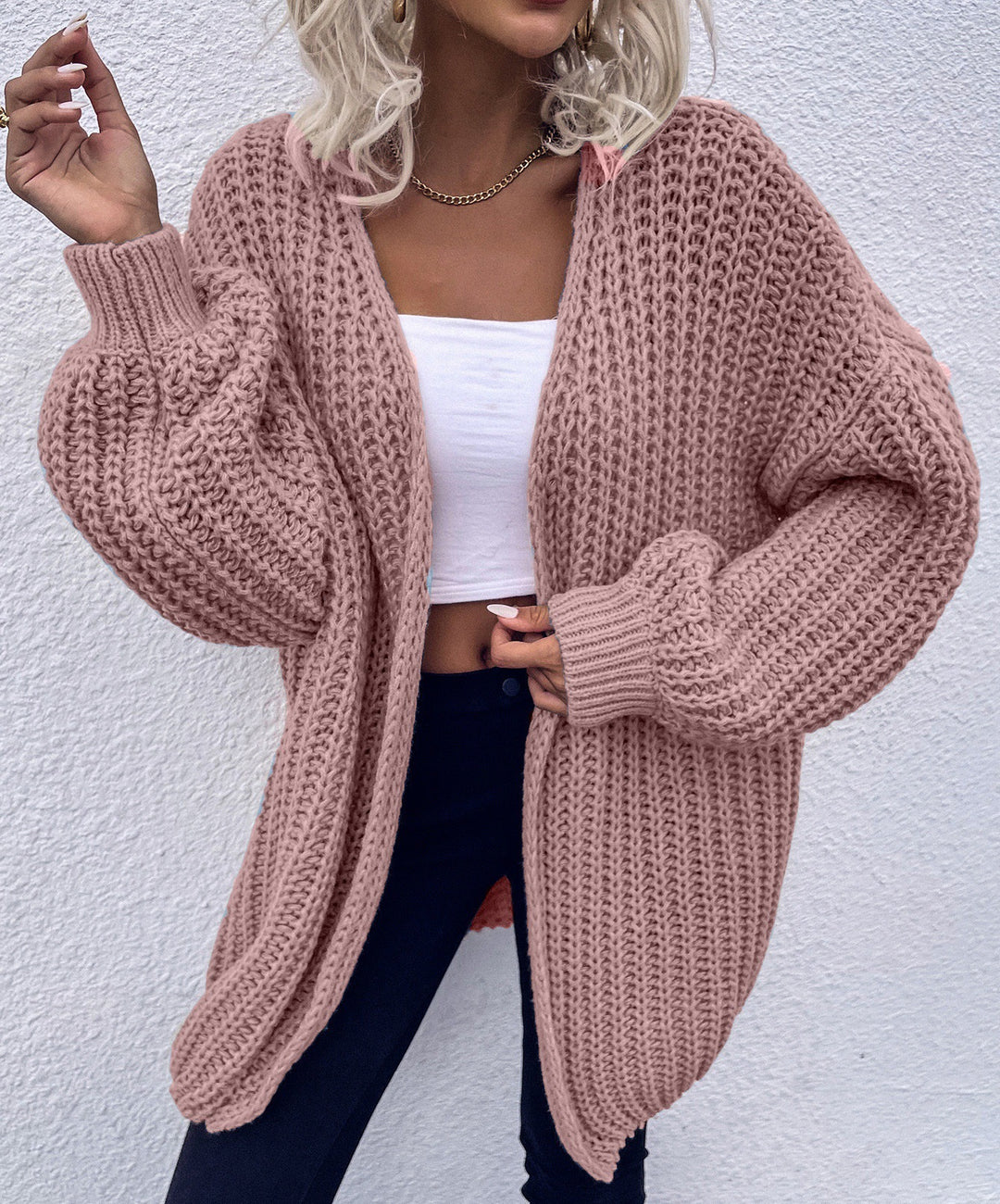Damen lässiger Grobstrick-Cardigan mit tiefen Taschen und voluminösen Ärmeln Drune