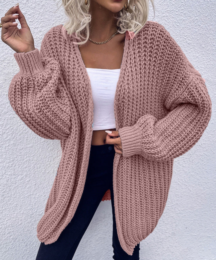 Damen lässiger Grobstrick-Cardigan mit tiefen Taschen und voluminösen Ärmeln Drune
