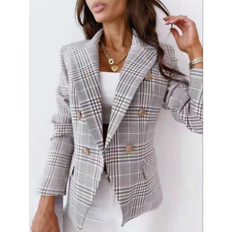 Damen Karo Blazerjacke im modernen Schnitt mit doppelter Knopfreihe Drune