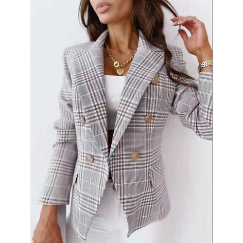 Damen Karo Blazerjacke im modernen Schnitt mit doppelter Knopfreihe Drune