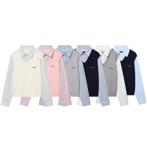 Damen Lagenlook-Hemd mit V-Ausschnitt Strickweste Drune