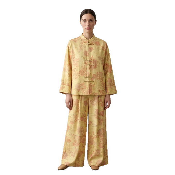 Damen Zweiteiliges Jacquard-Set mit Mandarin-Kragen und weit geschnittener Hose Drune