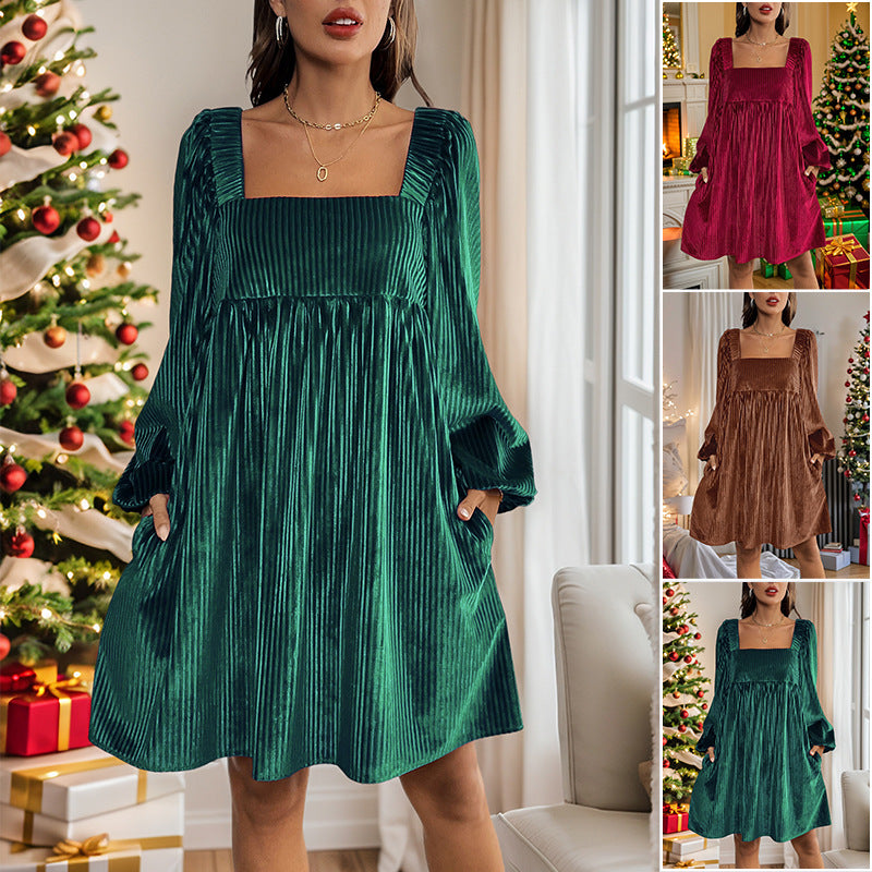 Damen Samtiges Plissee-Babydollkleid mit quadratischem Ausschnitt, Ballonärmeln und Eingrifftaschen Drune