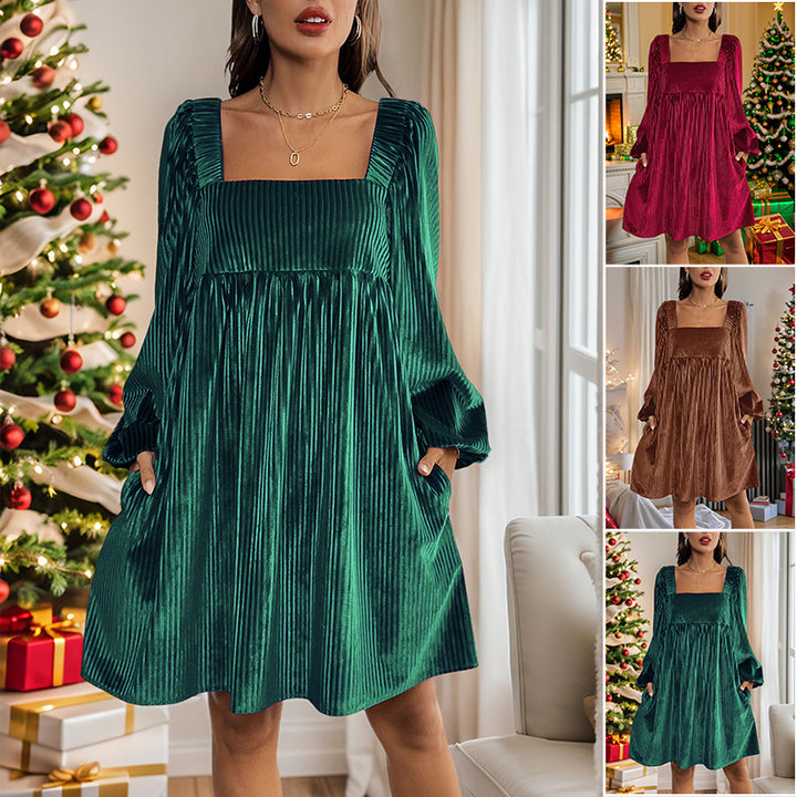 Damen Samtiges Plissee-Babydollkleid mit quadratischem Ausschnitt, Ballonärmeln und Eingrifftaschen Drune
