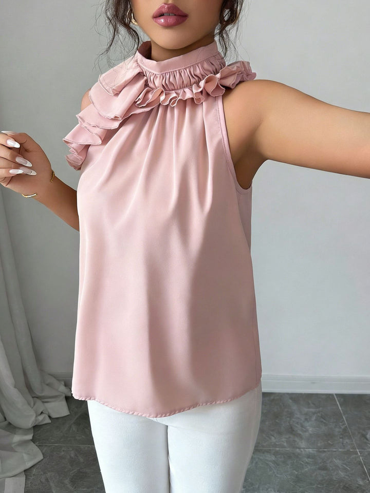 Damen Hochgeschlossenes Chiffon-Top mit Rüschenkragen und asymmetrischem Volant Drune