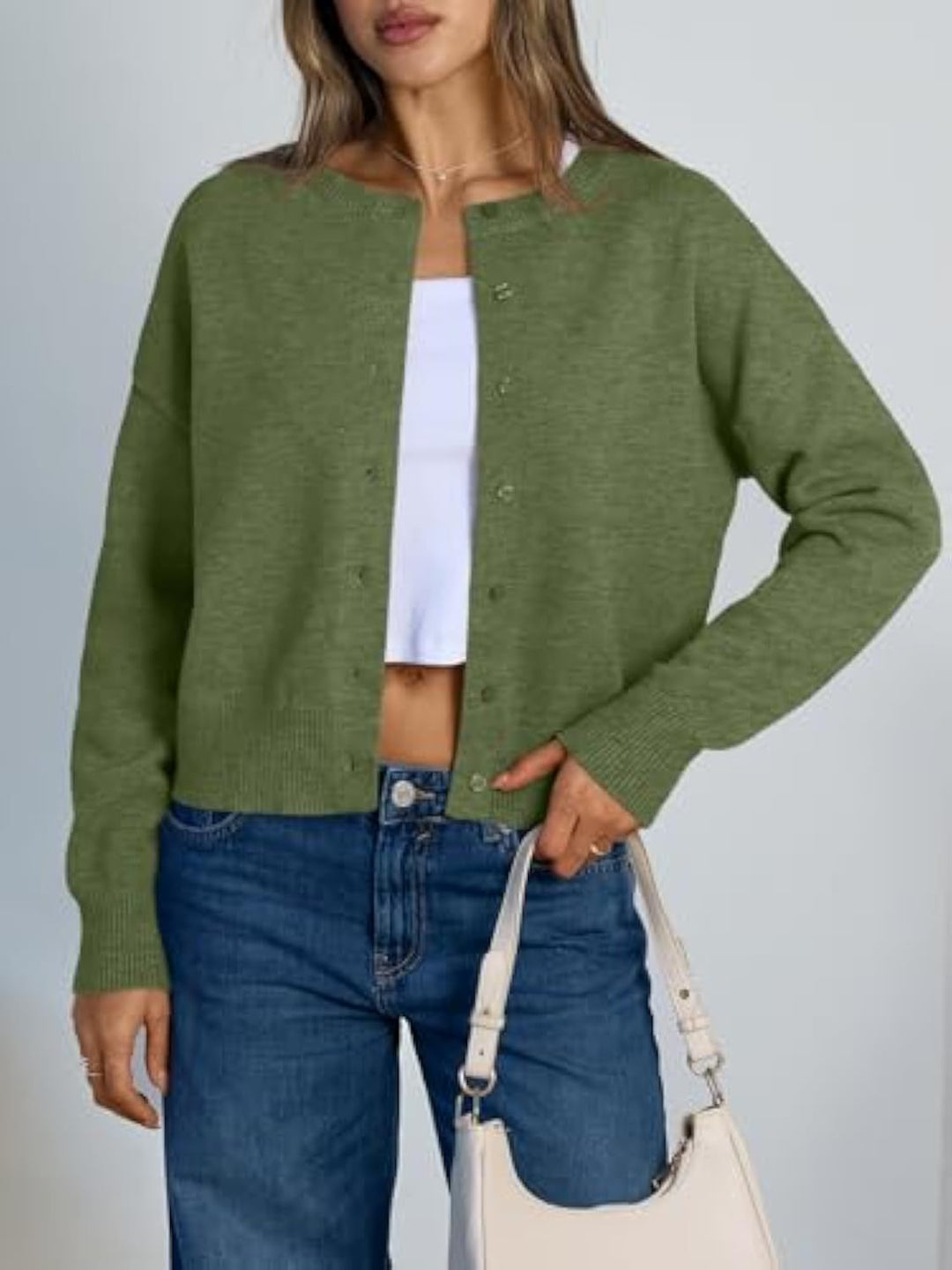 Damen Cropped Strickjacke im Boxy‑Schnitt mit Rundhals und Rippbündchen Drune