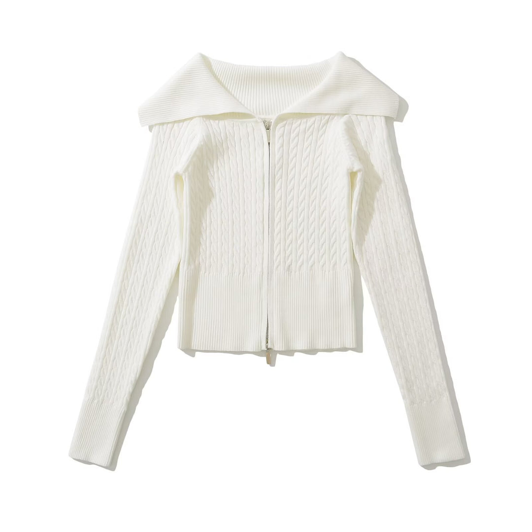 Damen modische Strickjacke mit weitem Kragen und Reißverschluss Drune
