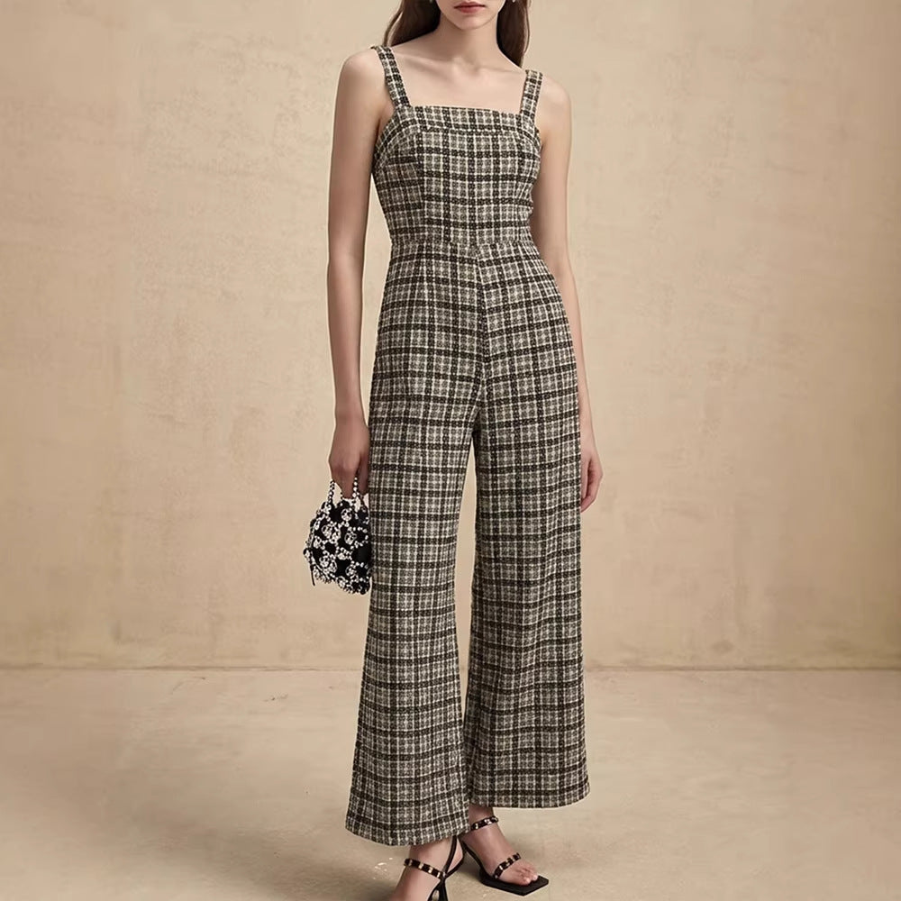Damen Jumpsuit mit weiten Hosenbeinen und feinem Karomuster Drune