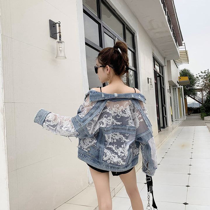 Damen Denimjacke mit transparenter Spitzenverzierung Drune