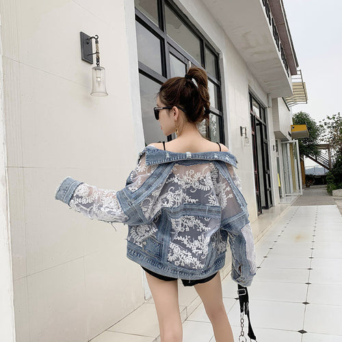 Damen Denimjacke mit transparenter Spitzenverzierung Drune