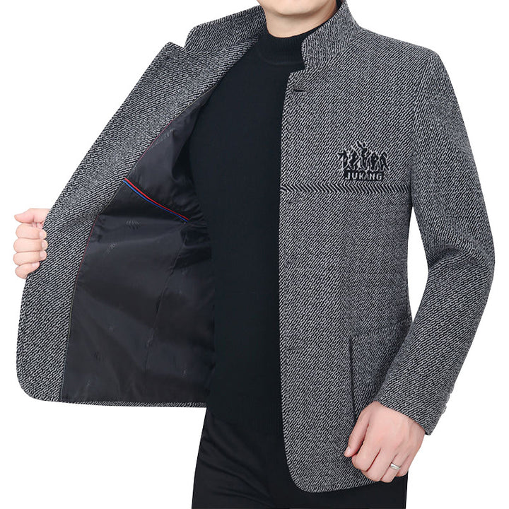 Herren Stehkragen-Mantel aus strukturierter Wollmischung mit schmaler Silhouette Drune