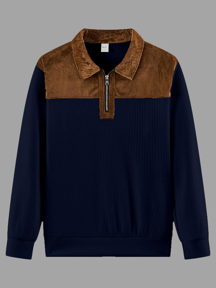 Unisex nan feinstrukturierter Strickpullover mit halbem Reißverschlusskragen und Samtbesatz Drune