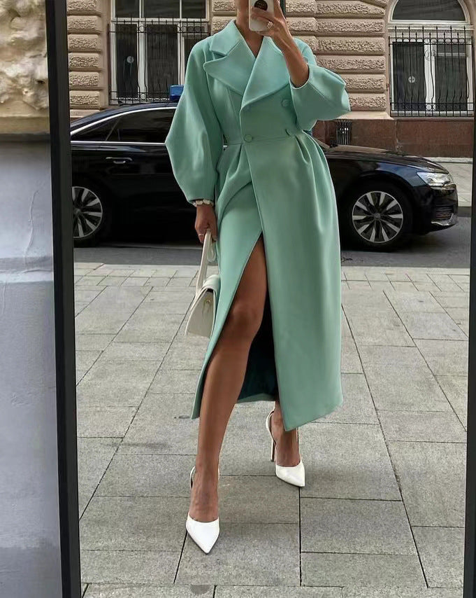 Damen nan taillierter Doppelreihiger Trenchcoat mit weitem Ärmel und hohem Beinschlitz Drune