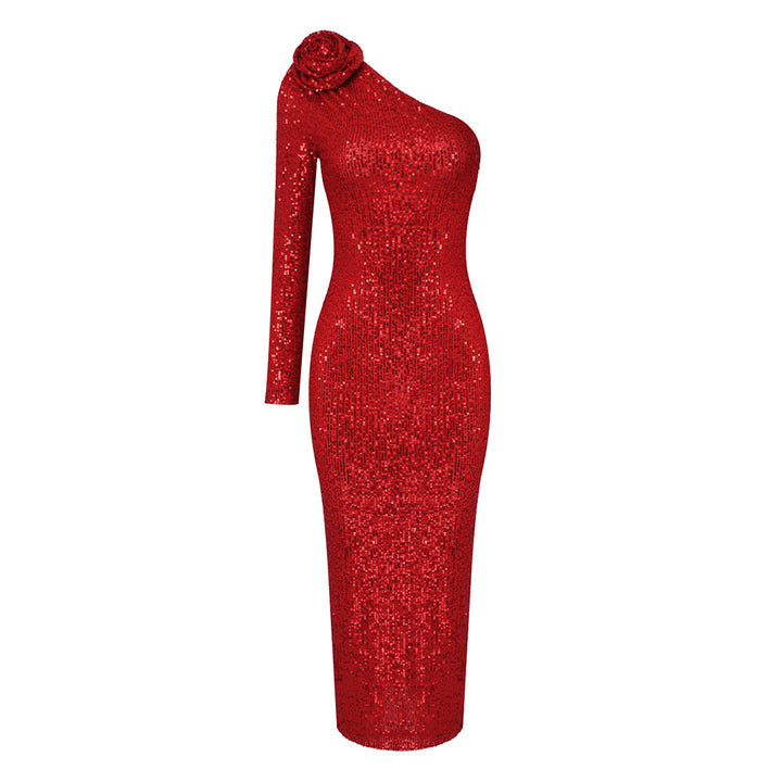 Damen Glamouröses Abendkleid mit einseitigem Schulterdesign und Paillettenbesatz Drune