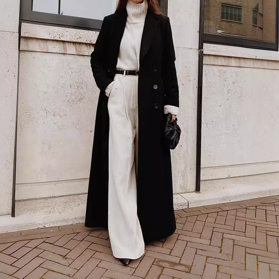 Damen klassischer Maxi-Mantel mit eleganten Falten und Taschen Drune