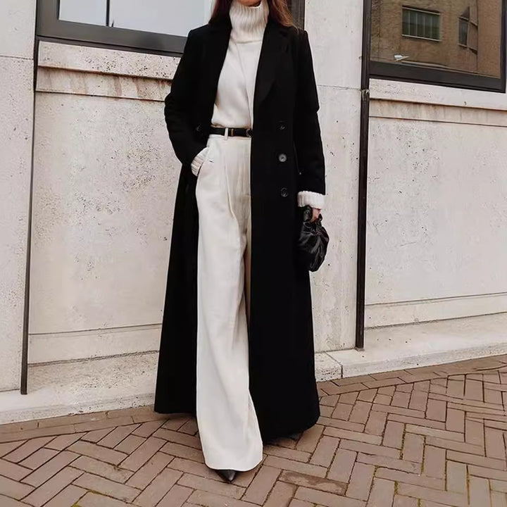 Damen klassischer Maxi-Mantel mit eleganten Falten und Taschen Drune
