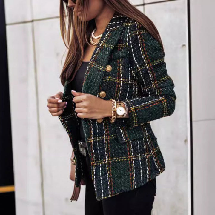 Damen Tweed-Blazer im Glencheck mit doppelreihiger Knopfleiste Drune