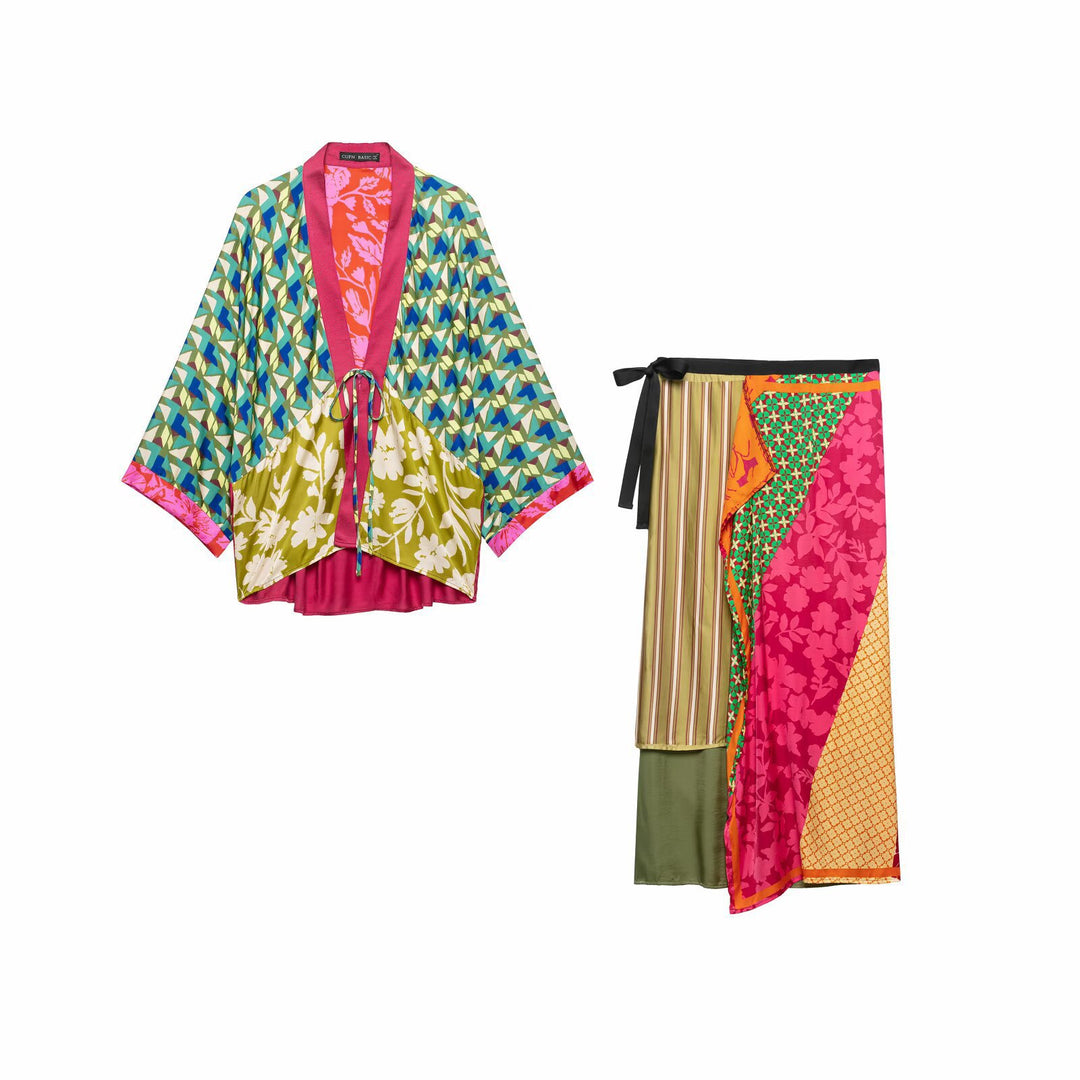Damen Gemusterter Seiden-Kimono mit Bindegürtel und weitem Fledermausärmel Drune