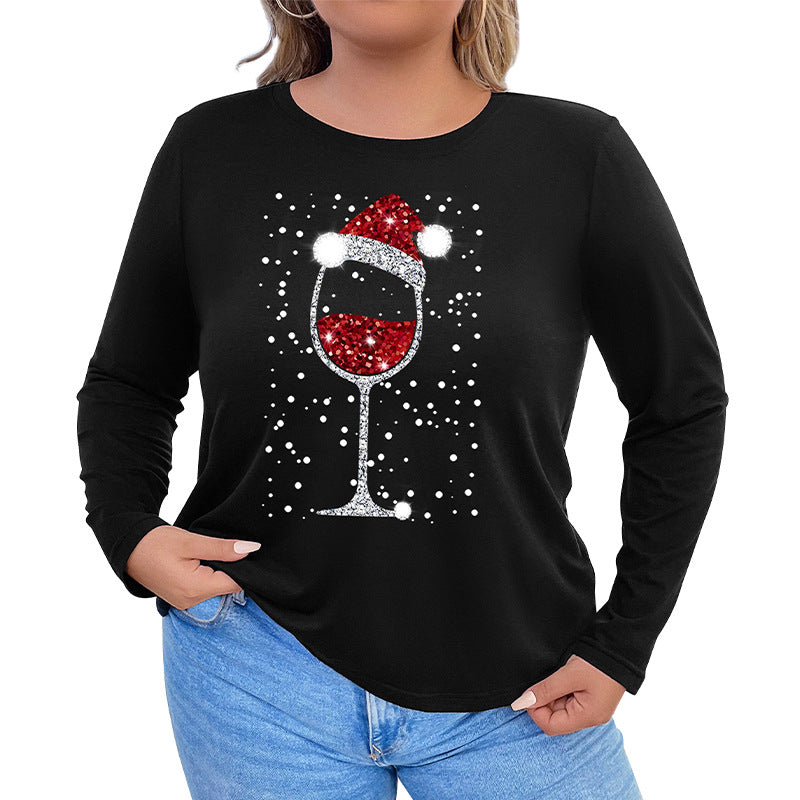 Damen Langarmshirt mit funkelndem Weihnachts-Weinglas-Print Drune