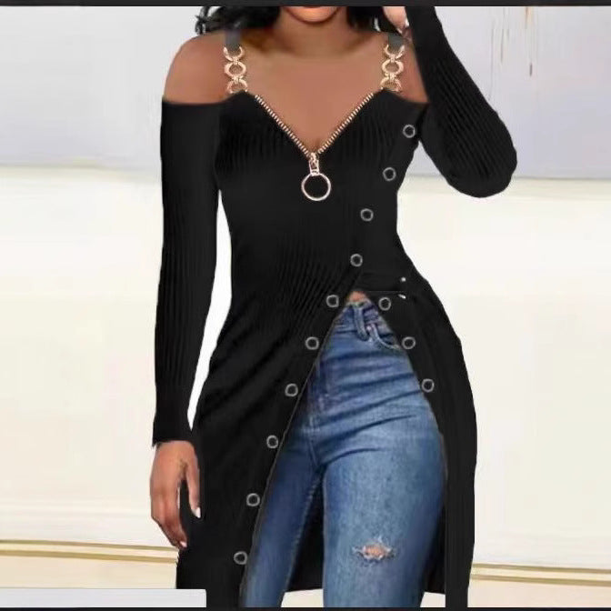 Damen Figurbetontes V-Ausschnitt Kleid mit Zipper und Schmuckdetails Drune