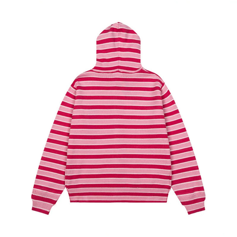 Damen Gestreifte Kapuzen-Strickjacke mit durchgehendem Reißverschluss und Eingrifftaschen Drune
