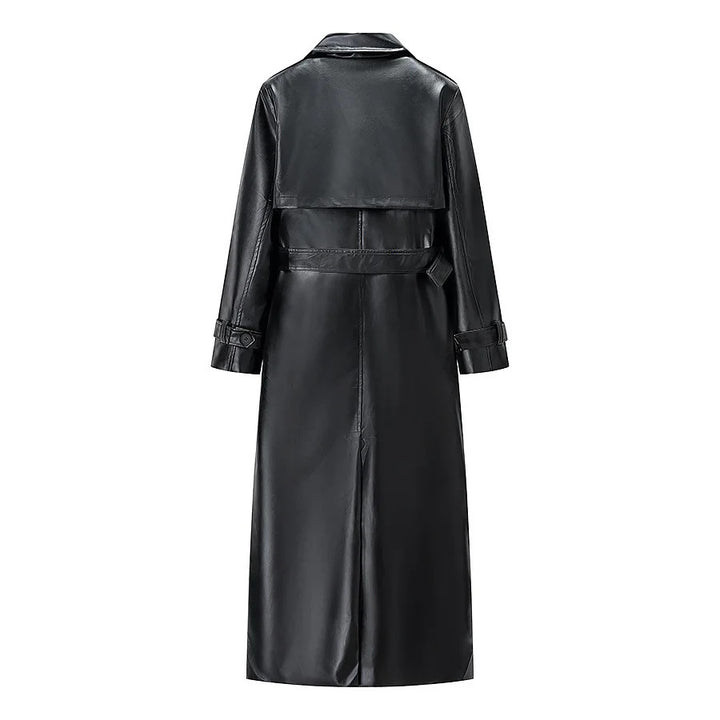 Damen nan langer veganer Trenchcoat aus Lederimitat mit Taillengürtel und Epauletten Drune