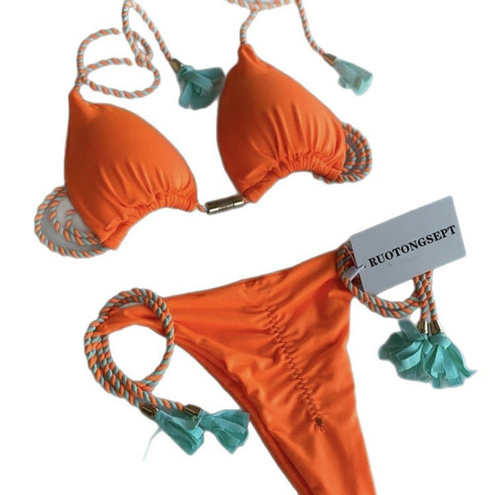 Damen Triangel-Bikini mit modischem Leopardenmuster und dekorativen Quasten Drune