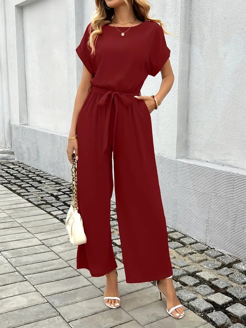 Damen Eleganter Jumpsuit mit weitem Bein und Taillenknoten Drune