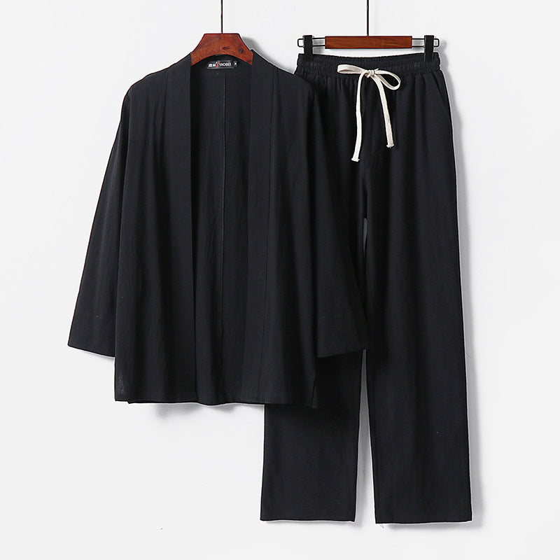 Herren Lockeres Kimono-Loungewear-Set aus leichter Baumwollmischung mit elastischer Kordelhose Drune
