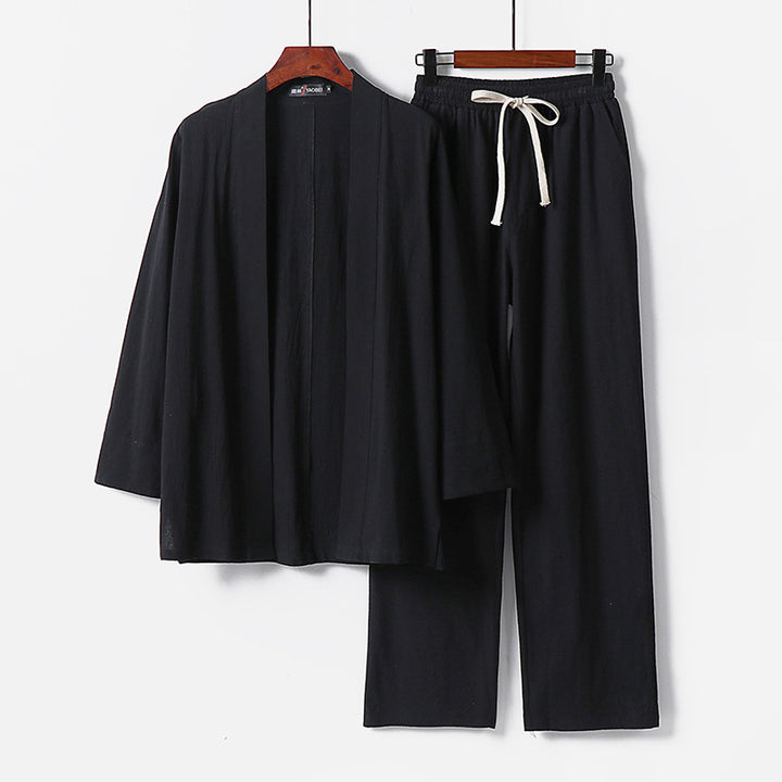 Herren Lockeres Kimono-Loungewear-Set aus leichter Baumwollmischung mit elastischer Kordelhose Drune