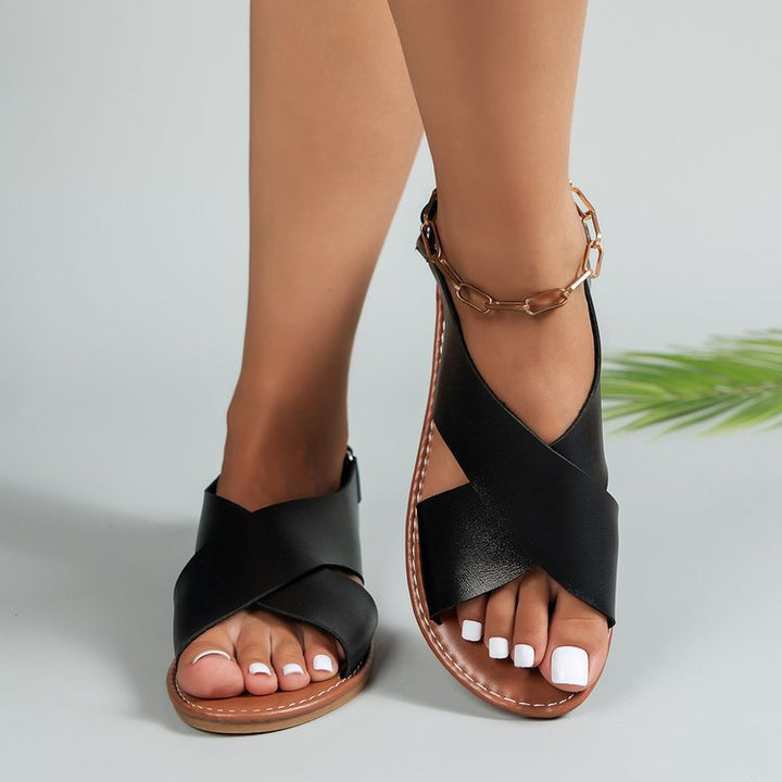 Damen Riemchen-Sandalen mit eleganten Kreuzriemen und modischem Schmuckdetail Drune