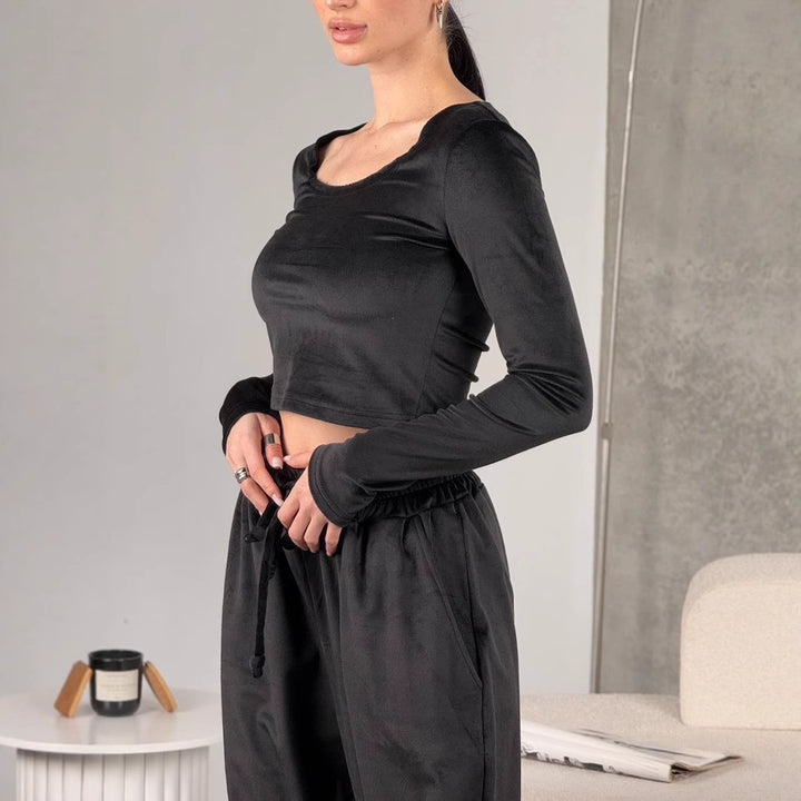 Damen samtiges bauchfreies Langarm-Crop-Top mit weitem Rundhalsausschnitt Drune