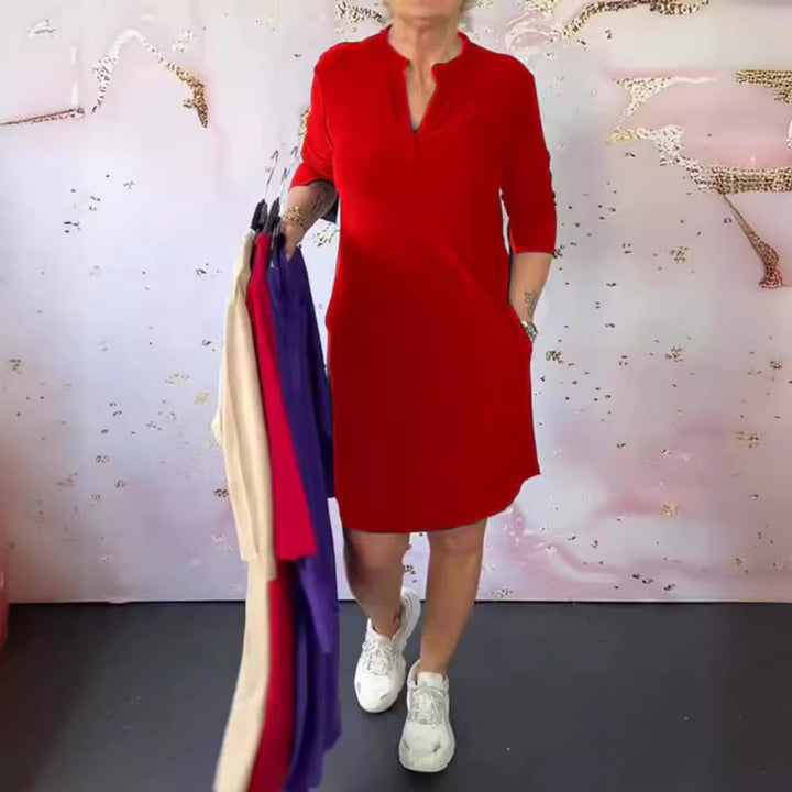 Damen nan knielanges legeres Jerseykleid mit Stehkragen und V-Ausschnitt Drune