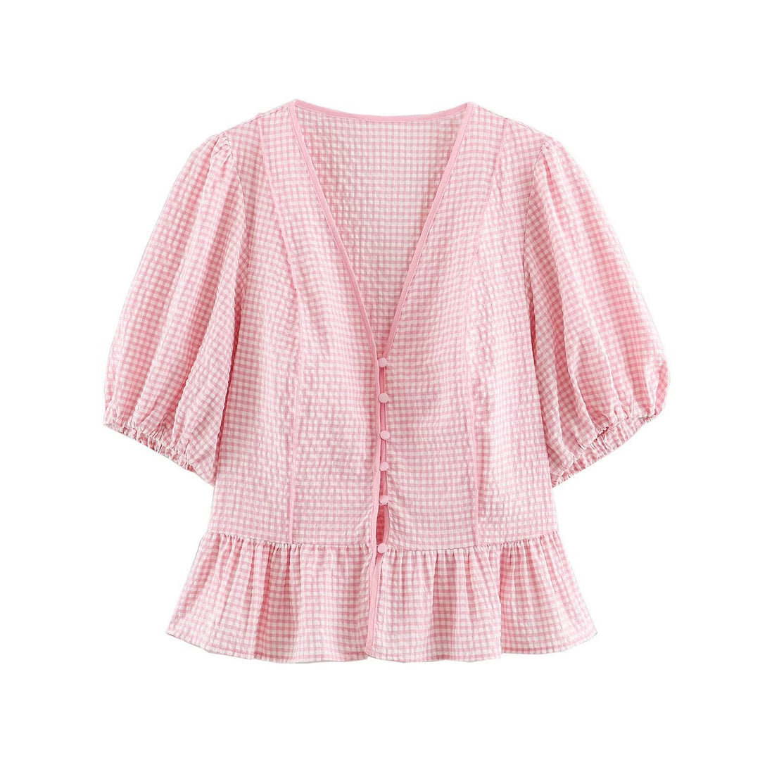 Damen Karierte V‑Neck‑Bluse mit Puffärmeln und Volantsaum Drune