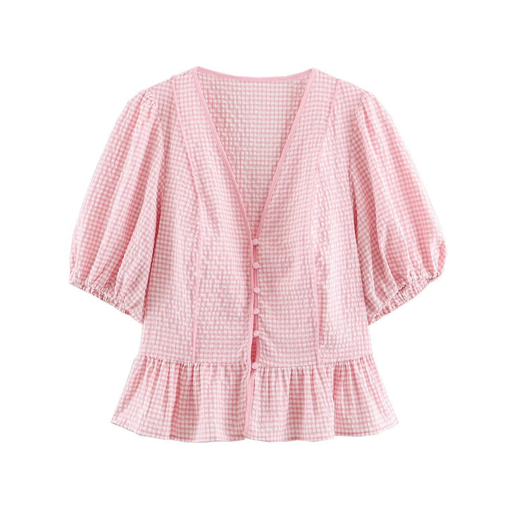 Damen Karierte V‑Neck‑Bluse mit Puffärmeln und Volantsaum Drune