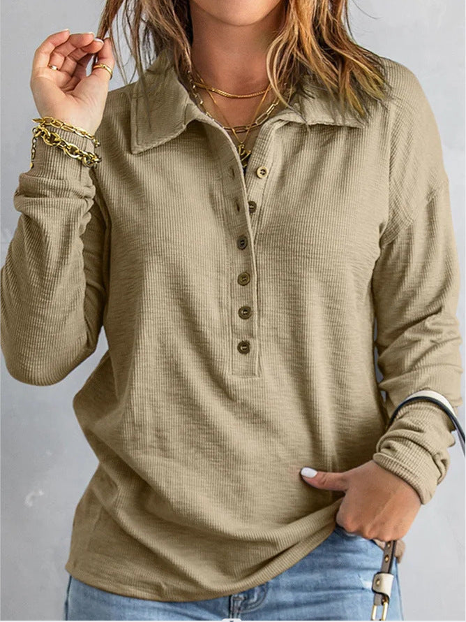 Damen Langarm-Waffelshirt mit Hemdkragen und Knopfleiste Drune
