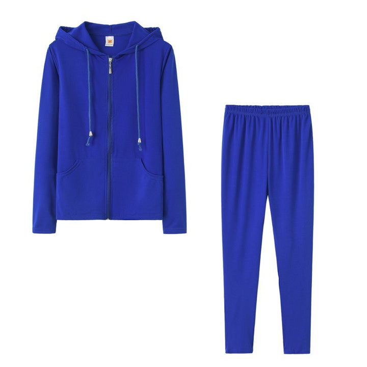 Damen sportliches Zweiteiler-Set mit Kapuzenjacke und enganliegenden Hosen Drune