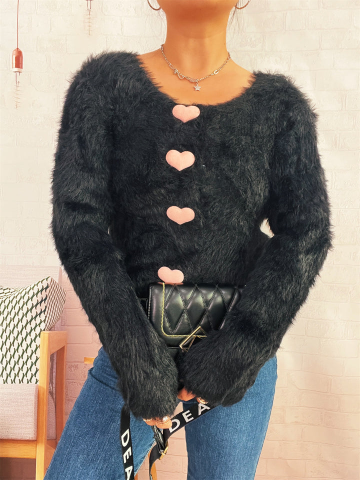 Damen flauschiger Cardigan mit Herzknöpfen Drune