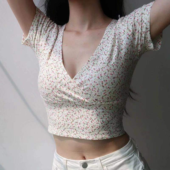 Damen Crop-Top mit floralem Muster und elegantem V-Ausschnitt Drune