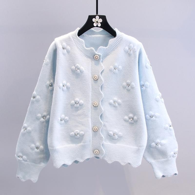 Damen kuschelige Strickjacke mit Blumenapplikationen Drune