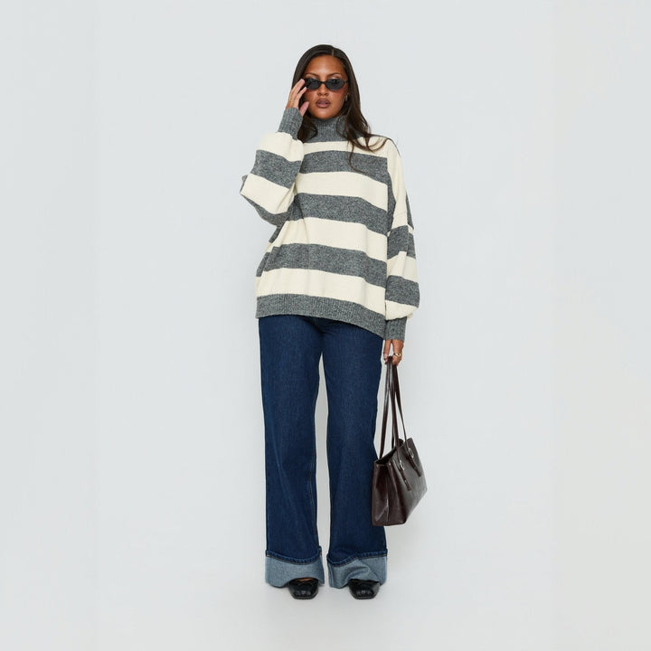 Damen Oversize Streifen-Pullover mit Rollkragen Drune