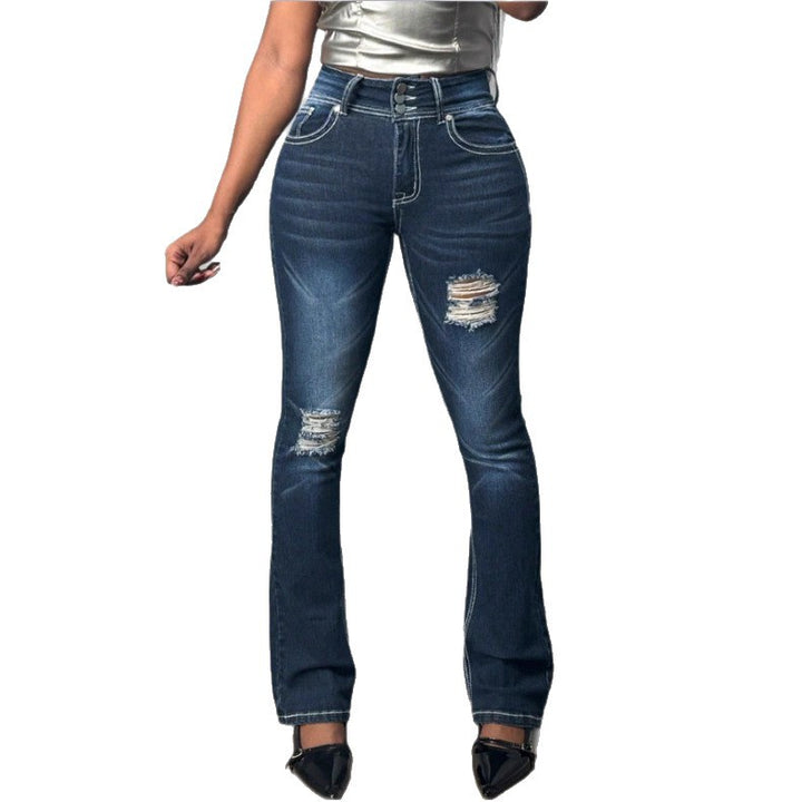 Damen Figurformende High-Waist Bootcut-Jeans mit dreifacher Knopfleiste und dezenter Destroyed-Optik Drune