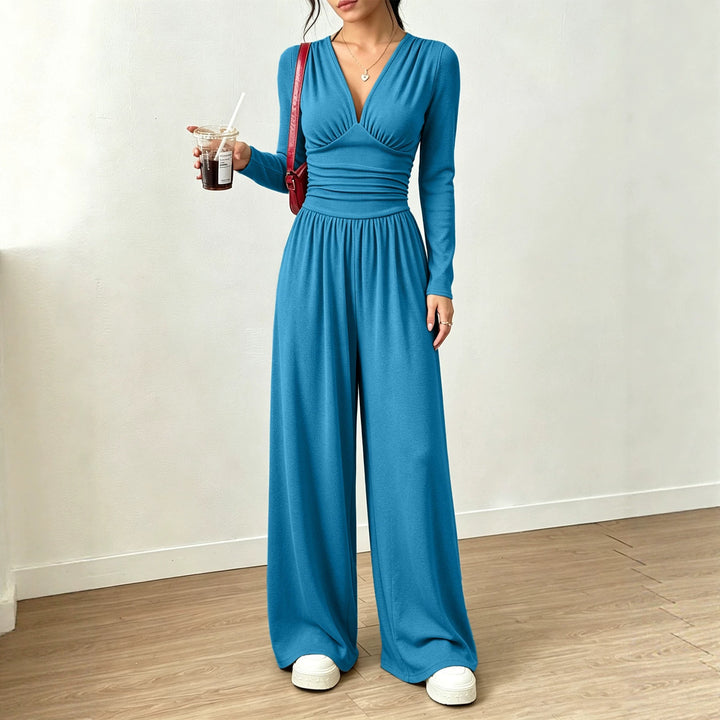 Damen Eleganter V‑Ausschnitt Jumpsuit mit tailliertem Wickelbund und weitem Hosenbein Drune
