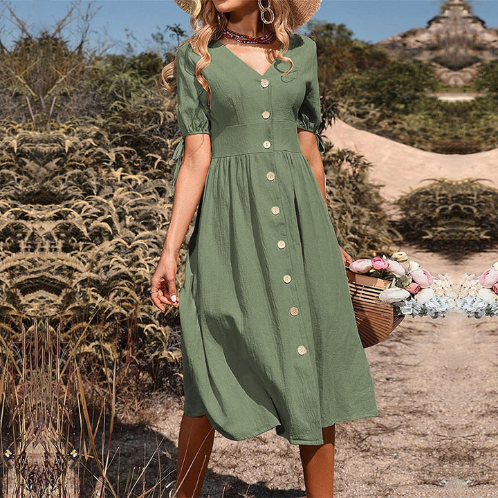 Damen Knielanges Sommerkleid mit V-Ausschnitt und romantischen Knopfdetails Drune