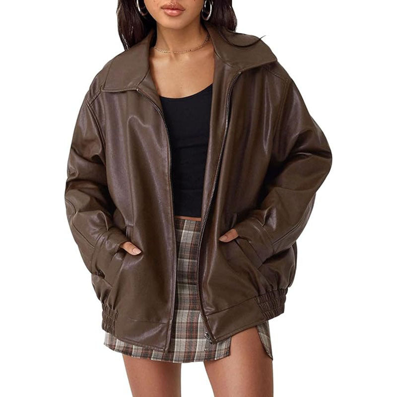 Damen Oversize Kunstleder Blouson mit Reißverschluss und elastischem Saum Drune