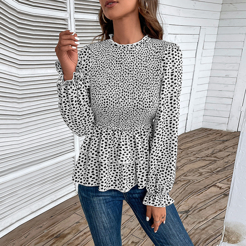 Damen Gesmoktes Chiffon-Blusenshirt mit Stufen-Peplum und Rüschenärmeln Drune