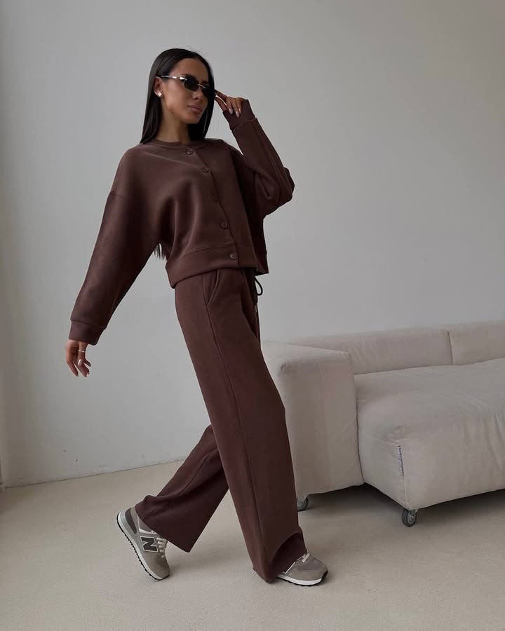 Damen geknöpftes Cropped-Lounge-Set mit Oversize-Cardigan und hochtaillierter Wide-Leg Jogginghose Drune