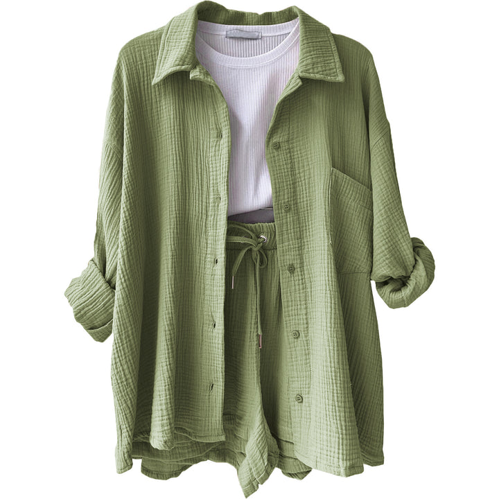 Damen lässiges Komfort-Set aus kurzem Top und Oversized-Hemd Drune